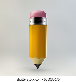 Yellow pencil icon on grey background. Realistic 3d vector illustration made with gradient mesh. Education and creativity concept.