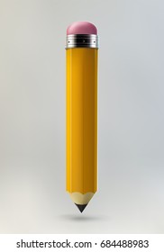 Yellow pencil icon on grey background. Realistic 3d vector illustration made with gradient mesh. Education and creativity concept.