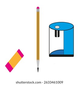Yellow pencil illustration. Pink eraser vector. Blue sharpener icon. Stationery supplies set.