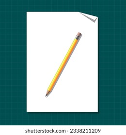 Yellow pencil on blank paper. Vector illustration