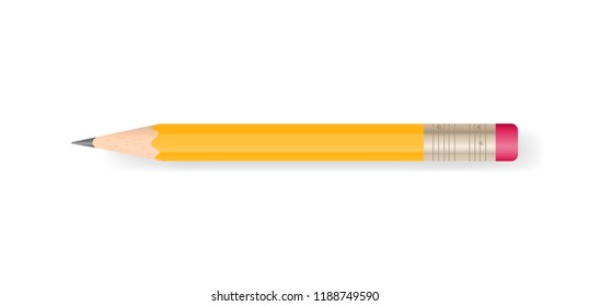 Yellow pencil on white background with soft shadow. Vector illustration.