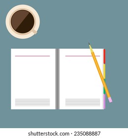 Yellow pencil and paper notebook with coffee cup