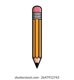 A yellow pencil with a pink eraser and a sharpened graphite tip is depicted against a white background. The illustration is outlined in black.
