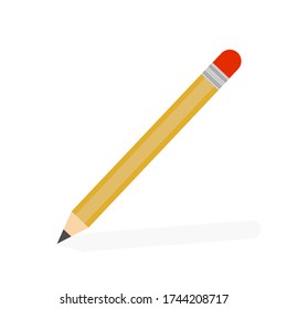 Yellow pencil with red rubber eraser. Sharpened detailed office mockup, school instrument, creativity, idea, education and design symbol. Vector illustration isolated on white background.