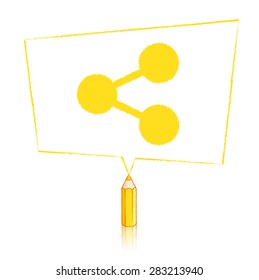 Yellow Pencil with Reflection Drawing Digital Share Icon in Skewed Rectangular Speech Bubble on White Background