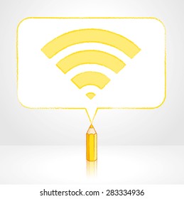 Yellow Pencil with Reflection Drawing Digital WiFi Icon in Round Cornered Rectangular Speech Bubble on Pale Background