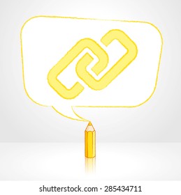 Yellow Pencil with Reflection Drawing Digital Media Link Icon in Rounded Skewed Rectangular Shaped Speech Bubble on Pale Background