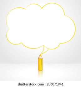 Yellow Pencil with Reflection Drawing Fluffy Cloud Shaped Speech Bubble on Grey Background