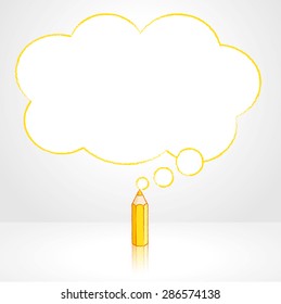 Yellow Pencil with Reflection Drawing Fluffy Cloud Shaped Think Bubble on Grey Background