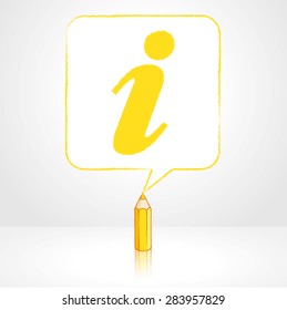 Yellow Pencil with Reflection Drawing Information Icon in Round Cornered Square Shaped Speech Bubble on Pale Background