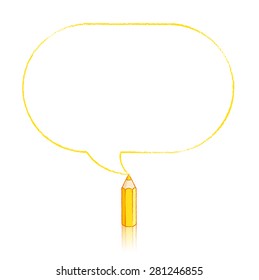 Yellow Pencil with Reflection Drawing Oblong Speech Bubble on White Background