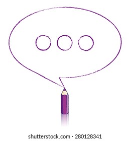 Yellow Pencil with Reflection Drawing Oval Speech Bubble containing Outline Ellipsis on White Background