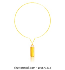 Yellow Pencil with Reflection Drawing Round Speech Bubble on White Background