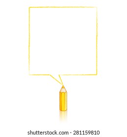 Yellow Pencil with Reflection Drawing Square Speech Bubble on White Background