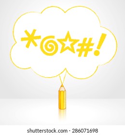 Yellow Pencil with Reflection Drawing Swearing Icons in Fluffy Cloud Shaped Speech Bubble on Grey Background