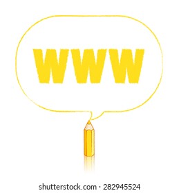 Yellow Pencil with Reflection Drawing Worldwide Web Acronym in Rounded Oblong Speech Bubble on White Background