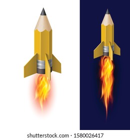Yellow Pencil Rocket Ship with Fire. Isolated on White and Dark Blue Background. Flying Pencil Symbol of Knowledge and Inspiration Illustration