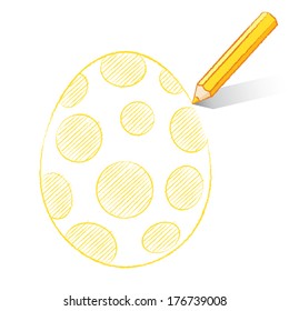 Yellow Pencil with Shadow Drawing Easter Egg plus Spots on White Background - Vector