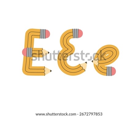 Yellow pencil in the shape of the letter E. Alphabet design. Vector illustration