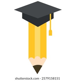 Yellow pencil with a sharpened tip, and the eraser end is replaced by a black graduation cap with a tassel. Symbolizes education, learning, and academic achievement. Knowledge and success.