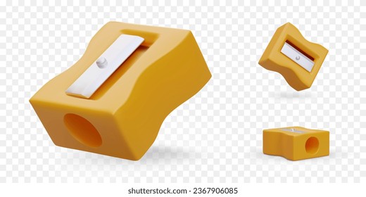 Yellow pencil sharpener. School and office stationery. Set of colored vector illustrations. Icons for web design. Back to school. Accessory for sharpening pencils