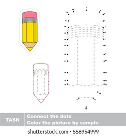 Yellow Pencil in vector to be traced by numbers, the dot to dot educational kid game with simple game level for preschool kids.