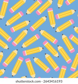 Yellow pencil vector pattern with pink erasers on blue background.  Perfect for notebooks, wrapping paper, and teacher resources.