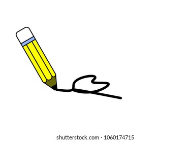 Yellow pencil vector and written heart shape isolated on white background.