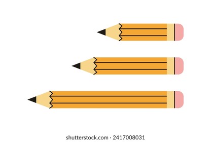 Yellow pencil and wooden object for writing and drawing, cartoon short yellow pencil rubber eraser concept vector illustration.