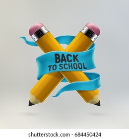 Yellow pencils crosswise and back to school lettering. Realistic 3d vector illustration made with gradient mesh. Education and creativity concept.