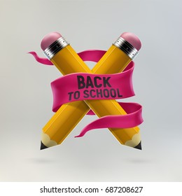 Yellow pencils crosswise and back to school lettering ribbon on grey background. Realistic 3d vector illustration made with gradient mesh. Education and creativity concept.