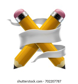 Yellow pencils crosswise and back to school lettering banner isolated on white background. Realistic 3d vector illustration. Education and creativity concept.