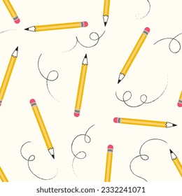 Yellow pencils drawing scribble lines seamless pattern. Doodle stationery, education symbol, back to school concept print. Vector illustration isolated on light beige background