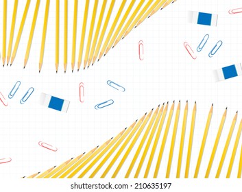 yellow pencils, erasers and paper clips on white paper