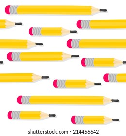 Yellow pencils in horizontal rows seamless pattern with isolated elements on white background