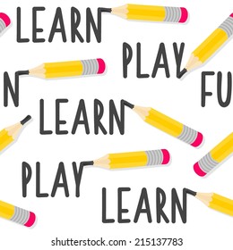 Yellow pencils learn play fun messy seamless pattern with isolated elements on white background