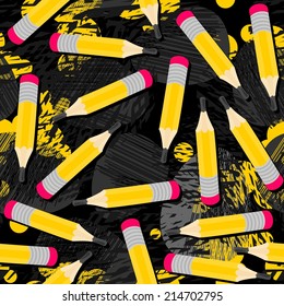 Yellow pencils mess seamless pattern with isolated elements on dark messy background