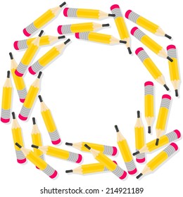 Yellow pencils messy decorative wreath with isolated elements on white background