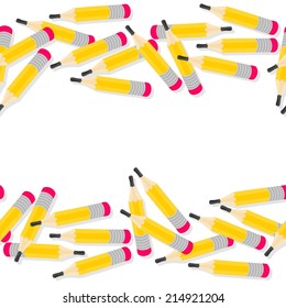 Yellow pencils messy seamless double horizontal border with isolated elements on white background