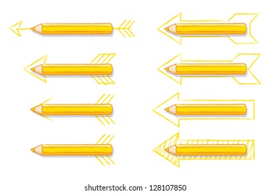 Yellow Pencils Overlaying Various Drawn Arrows on White Background - Vector