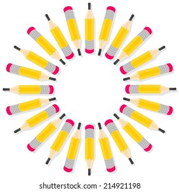 Yellow pencils regular decorative wreath with isolated elements on white background