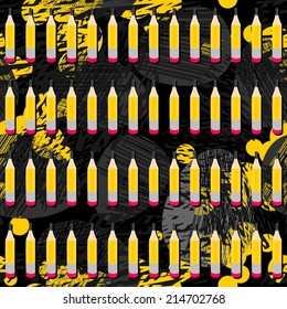 Yellow pencils in rows seamless pattern with isolated elements on dark messy background