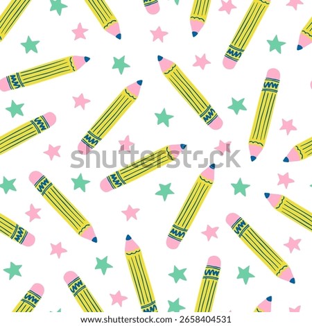 Yellow pencils seamless pattern. Office, school supplies background. Education, learning, stationery, board game symbol. Graphite pencils with stars pattern for stationery, fabric design. 