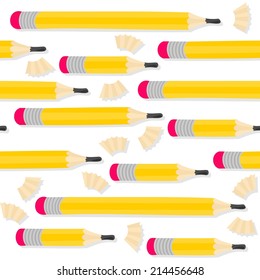Yellow pencils and wooden shavings in horizontal rows seamless pattern with isolated elements on white background