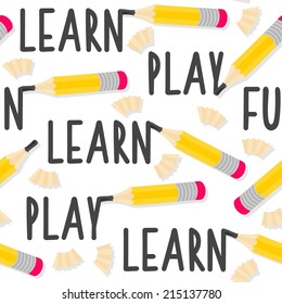 Yellow pencils and wooden shavings learn play fun messy seamless pattern with isolated elements on white background