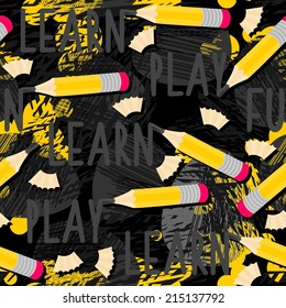 Yellow pencils and wooden shavings learn play fun messy seamless pattern with isolated elements on dark background