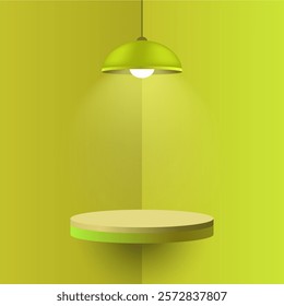 Yellow pendant lamp illuminating a round floating shelf. Minimalistic interior design with soft shadows and warm light, cozy atmosphere, mockup design with spotlight effect