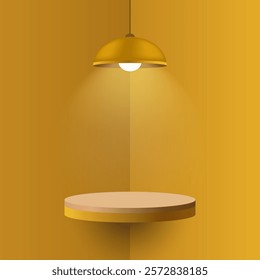 Yellow pendant lamp illuminating a round floating shelf. Minimalistic interior design with soft shadows and warm light, cozy atmosphere, mockup design with spotlight effect