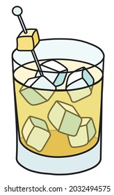 Yellow Penicillin Cocktail. Stylish Hand-drawn Doodle Cartoon Style Drink In A Rocks Glass Garnished With Sugar Candied Ginger Cube