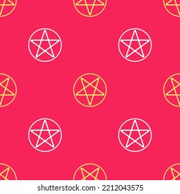 Pentagrama amarillo en un icono de círculo aislado sin fisuras en el fondo rojo. Símbolo de estrella oculto mágico.  Ilustración vectorial